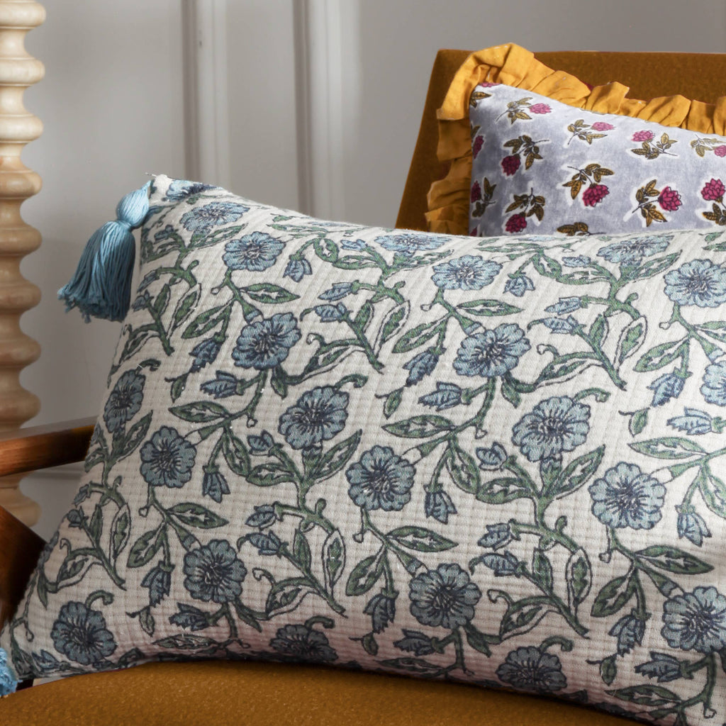 Delphine Floral Tasselled Cushion Delph Blue