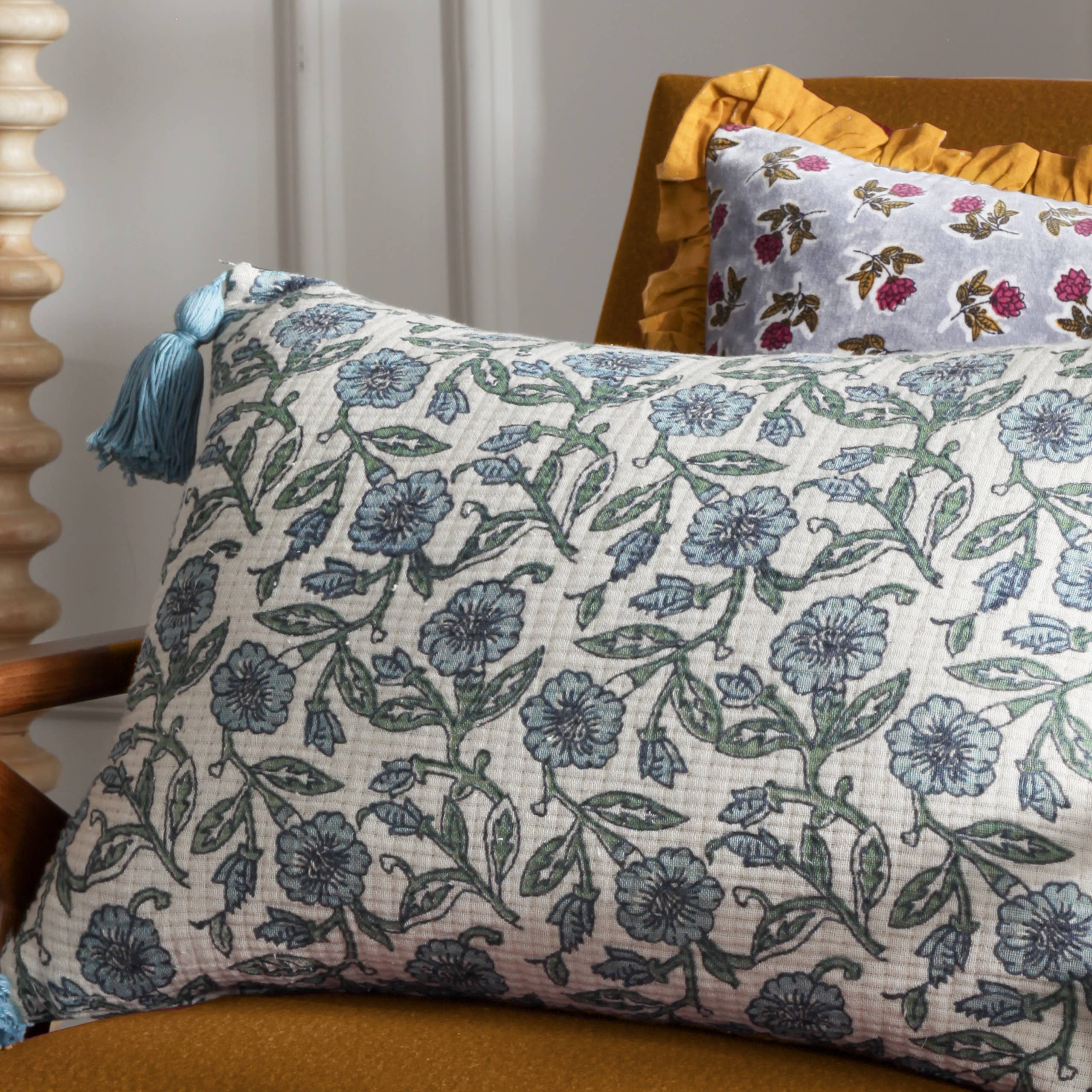Delphine Floral Tasselled Cushion Delph Blue