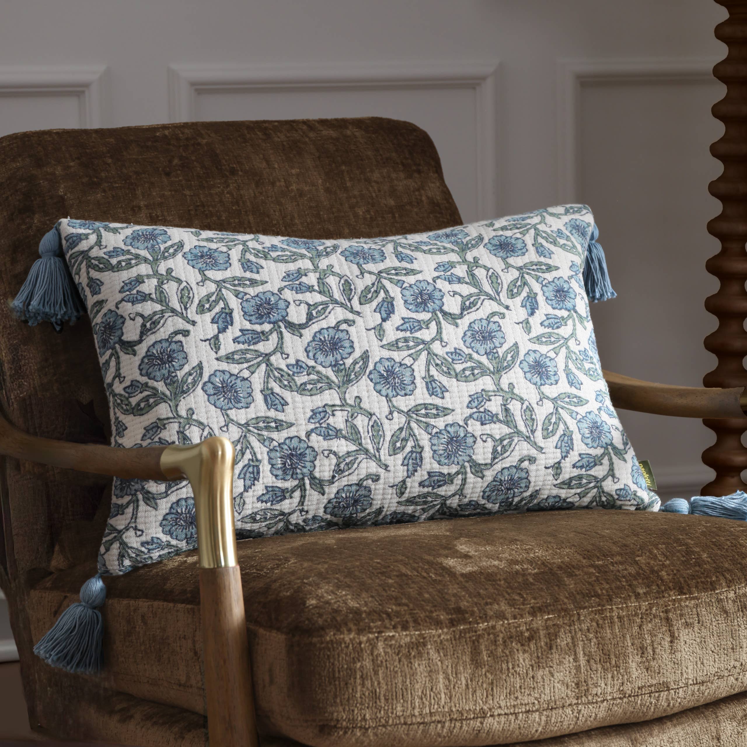 Delphine Floral Tasselled Cushion Delph Blue